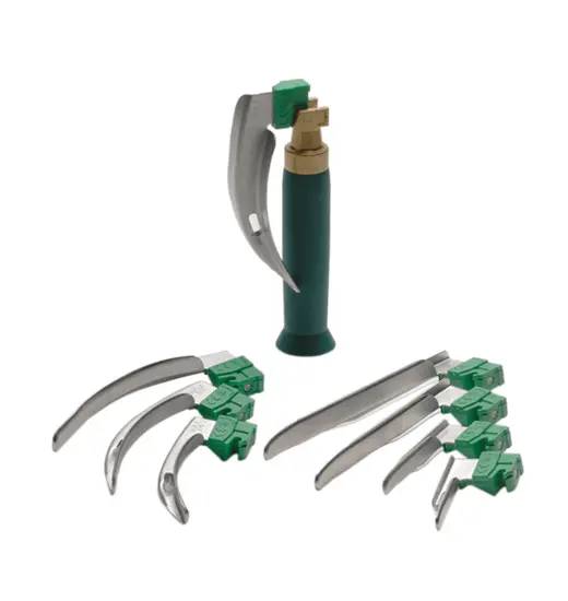 An array of components in the GreenLight laryngoscope system.