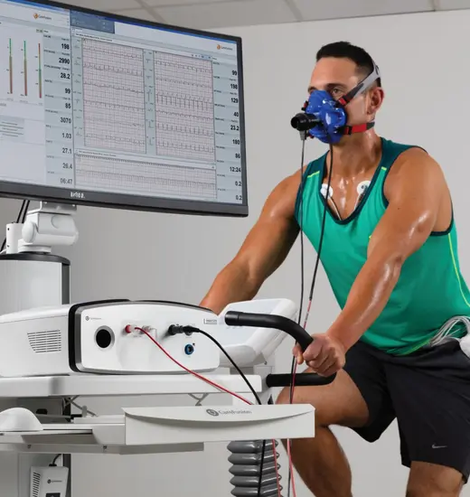 Patient being stationary bike tested on Vyaire's Vyntus™ CPX Metabolic Cart.