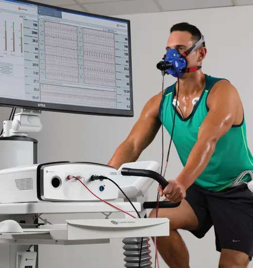 Patient being stationary bike tested on Vyaire's Vyntus™ CPX Metabolic Cart. Patient being stationary bike tested on Vyaire's Vyntus™ CPX Metabolic Cart.